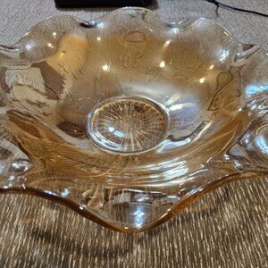 Vintage Marigold Iridescent Carnival Glass Floral Scalloped Edge Bowl 11.5"